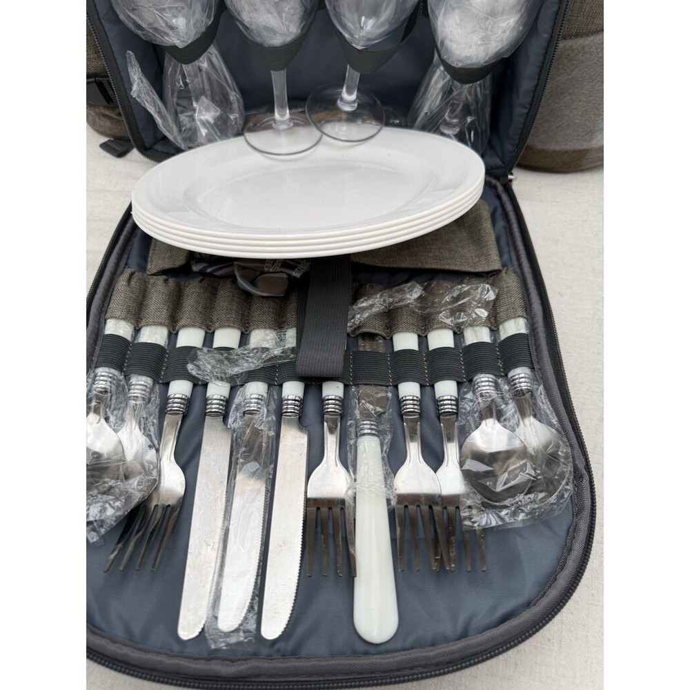 Sunflora Picnic Backpack Set Insulated 4 Person Blanket Plates Wine Glasses - Picture 11 of 16